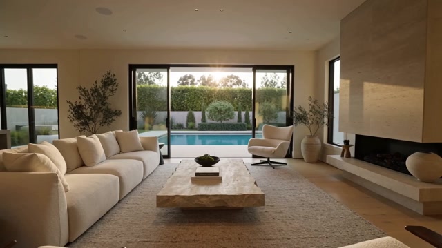 Final frame of a furnished luxury residence walkthrough facing a pool